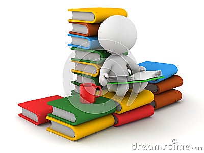 3D Man sitting and Reading with books and cup Stock Photo