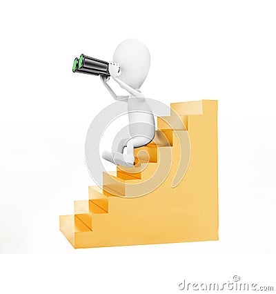 3d man sitting on stairs and looking through binocular concept Stock Photo