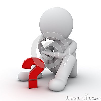 3d man sitting and thinking with red question mark over white Stock Photo