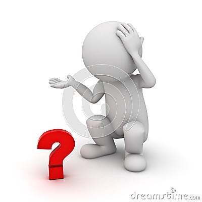 3d man squatting and confusing with red question mark Stock Photo