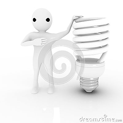 3d man stand with spiral CFL bulb and point at CFL bulb illustration Cartoon Illustration