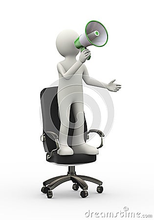 3d man standing on chair announcing through megaphone Cartoon Illustration