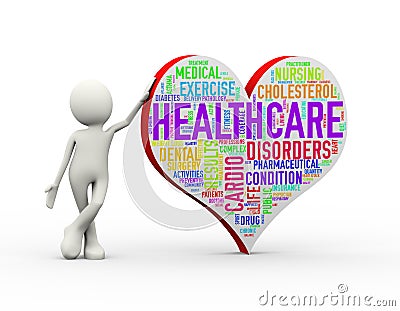 3d man standing with heart shape healthcare wordcloud tag Cartoon Illustration