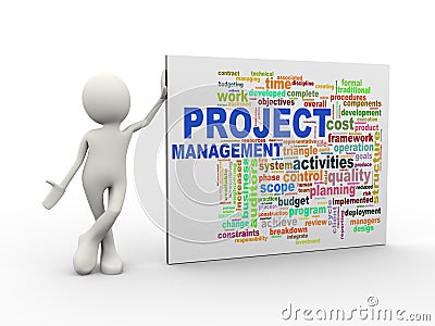 3d man standing with project management wordcloud word tags Cartoon Illustration
