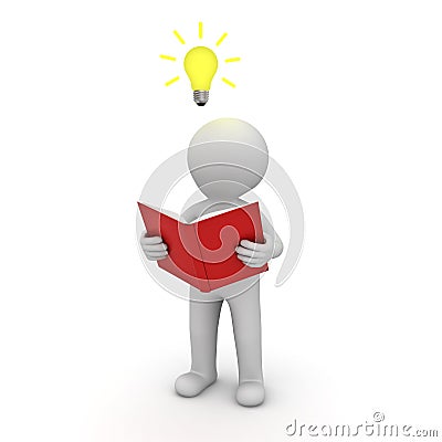 3d man standing and reading a book with idea bulb above his head Stock Photo