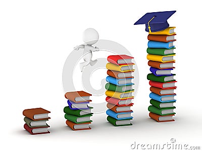 3D Man studying concept with books and graduation cap Stock Photo