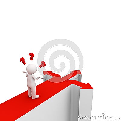 3d man thinking and confusing with three red arrows showing three different directions Stock Photo