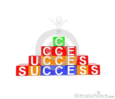 3d man waving both of his hands upward while standing on the top of success blocks concept Stock Photo