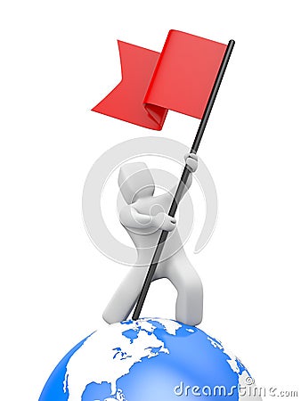 3d man waving red flag. 3d people collection Cartoon Illustration