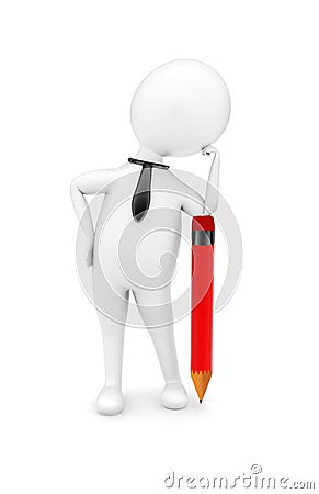 3d man wearing a tie and leaning one of his hand,s over a pencil pointed towards ground concept Stock Photo