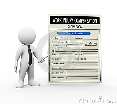 3d man and work injury compensation claim form Cartoon Illustration