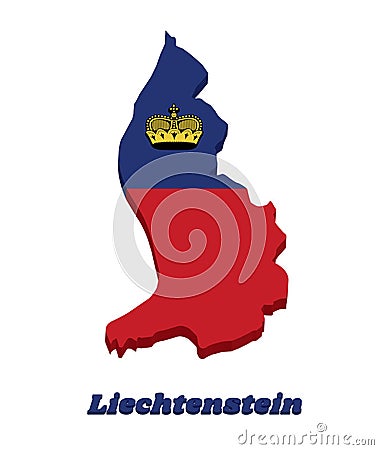 3D Map outline country shaped and flag of Liechtenstein, It is a horizontal bicolor of blue and red, charged with a gold crown in Vector Illustration