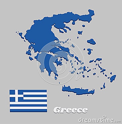 3D Map outline and flag of Greece, Nine horizontal stripes, in turn blue and white; a white cross on a blue square field in canton Vector Illustration
