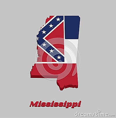 3D Map outline and flag of Mississippi, Three horizontal stripes of blue white and red. The canton is square, spans two stripes, Vector Illustration