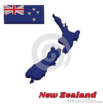 3D Map outline and flag of New Zealand, A Blue Ensign with the Southern Cross of four white-edged red five-pointed stars centred Vector Illustration