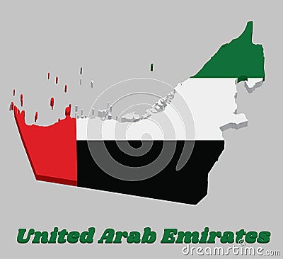 3D Map outline and flag of UAE, a horizontal tricolor of green, white and black with a vertical one fourth width red bar at the Vector Illustration