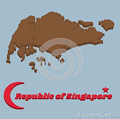 3d Map outline of Singapore in brown color, Crescent moon and star Vector Illustration