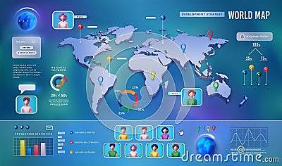 3D map. World globe. Pins on network. Statistic web chart. Business man population. Percentage indicators. Development Vector Illustration