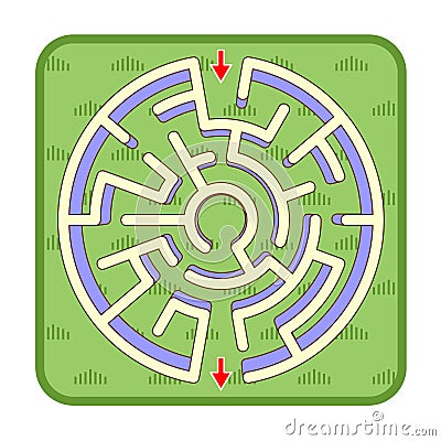 3d maze game top view, circle shaped, green grass background Vector Illustration