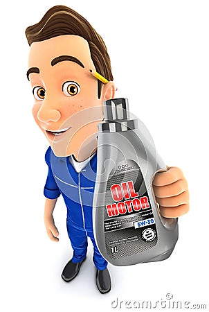 3d mechanic holding oil motor canister Cartoon Illustration