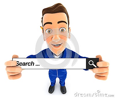 3d mechanic holding a search bar Cartoon Illustration