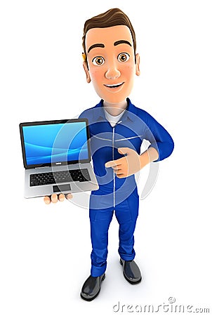 3d mechanic holding a laptop Cartoon Illustration