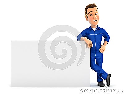 3d mechanic leaning against white wall Cartoon Illustration