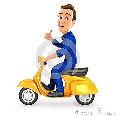 3d mechanic riding scooter with thumb up Cartoon Illustration