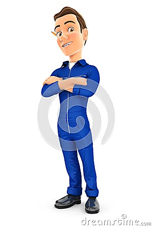 3d mechanic standing with arms crossed Cartoon Illustration