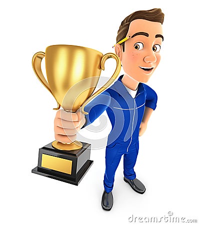 3d mechanic standing and holding trophy cup Cartoon Illustration