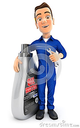 3d mechanic standing next to oil motor canister Cartoon Illustration