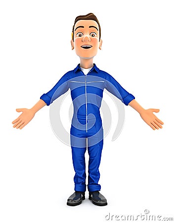 3d mechanic standing with open arms Cartoon Illustration