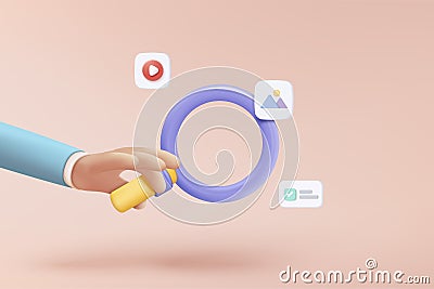 3d media file management concept. Searching image and video files in database. Document management soft, document flow app, Vector Illustration