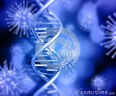 3D medical background with DNA strand and virus cells Stock Photo