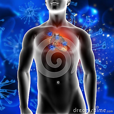 3D medical background showing virus cells attacking a heart Stock Photo