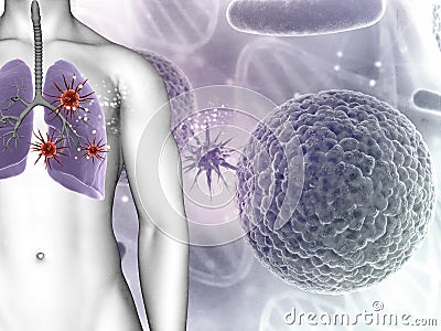 3D medical background showing virus cells in male figures lungs Stock Photo