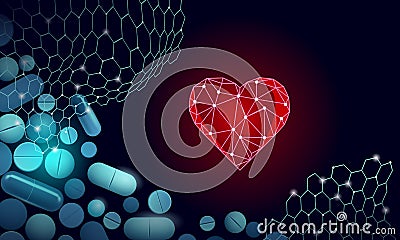 3D medicine heart medicine treatment. Human health diagnostics vascular organ system pill vitamins. Cardiology heart Vector Illustration