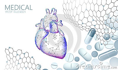 3D medicine heart medicine treatment. Human health diagnostics vascular organ system pill vitamins. Cardiology heart Vector Illustration