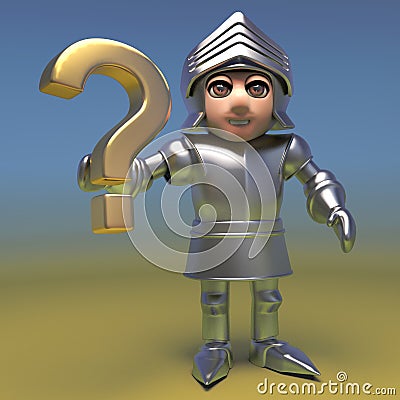 3d medieval knight in metal plate armour holding a gold question mark symbol, 3d illustration Cartoon Illustration