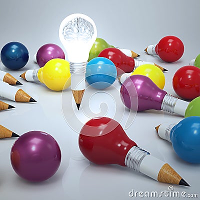 3d metal human brain inside pencil light bulb Stock Photo