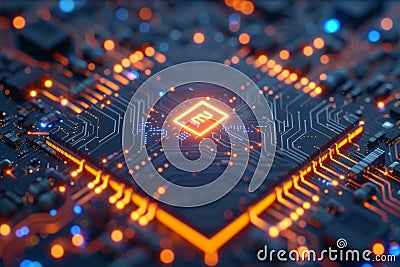 3D microchip with AI letters, circuit lines creating expansive network Stock Photo