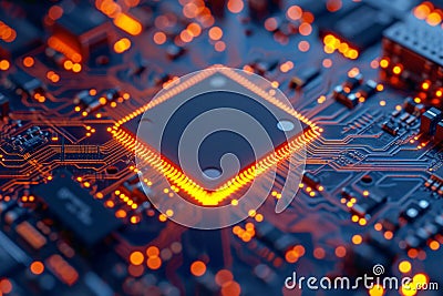 3D microchip with AI letters, circuit lines creating expansive network Stock Photo