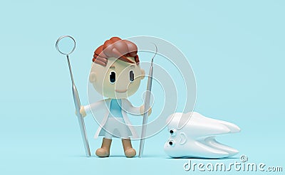 3d miniature cartoon character dentist with dentist mirror, sickle scaler isolated on blue background. check for cavities, dental Stock Photo