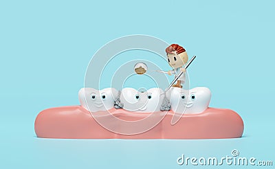 3d miniature cartoon character dentist with dentist mirror, toothbrush, gums, dental molar, check for cavities, dental examination Stock Photo