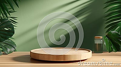 3D minimal modern wooden podium tray plate on grey Stock Photo