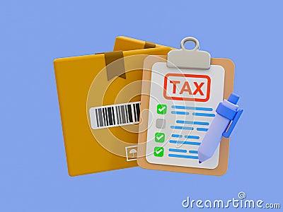 3d minimal tax management concept. import duty concept. VAT and customs duty. tax clipboard with parcels. Cartoon Illustration