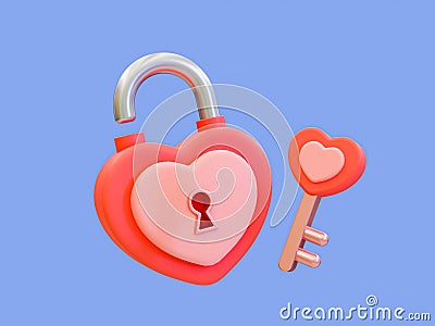 3d minimal unlock heart door concept. valentine compositions. love padlock with key. Cartoon Illustration