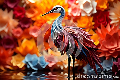 3D minimalist, origami crane made of colourful clay, trippy aesthetic background Stock Photo