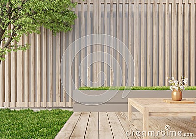 3D minimalist style balcony has a wooden floor behind it is a wooden slat wall and a big tree. with wooden table and flower vase Stock Photo