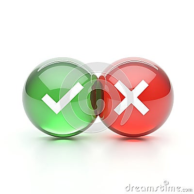 3d minimalist style. Symbols of acceptance, rejection and attention. Realistic right and wrong 3D Button. A set of glossy round Stock Photo